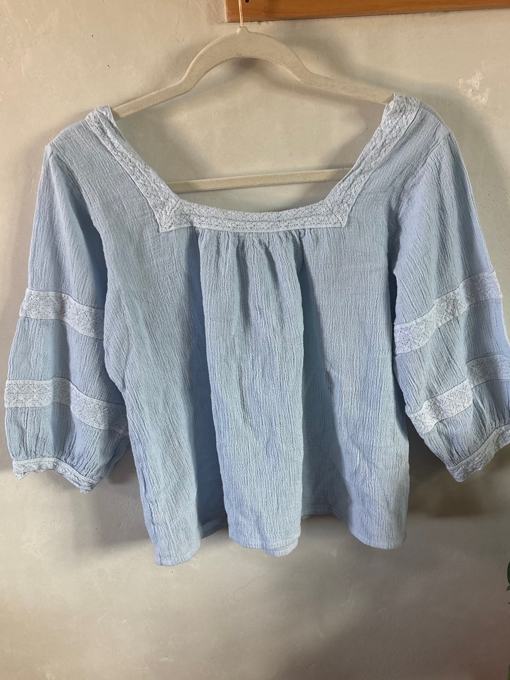 NATURA Light Blue Peasant Blouse with Lace Trim